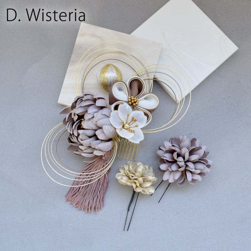 【髪飾り 菊梅桜・水引 コームUピン3点セット】タッセル つまみ細工 アメリカンフラワー  ヘアアクセサリー  日本製 成人式振袖や卒業式袴にも（5432636301）【取り寄せ品】