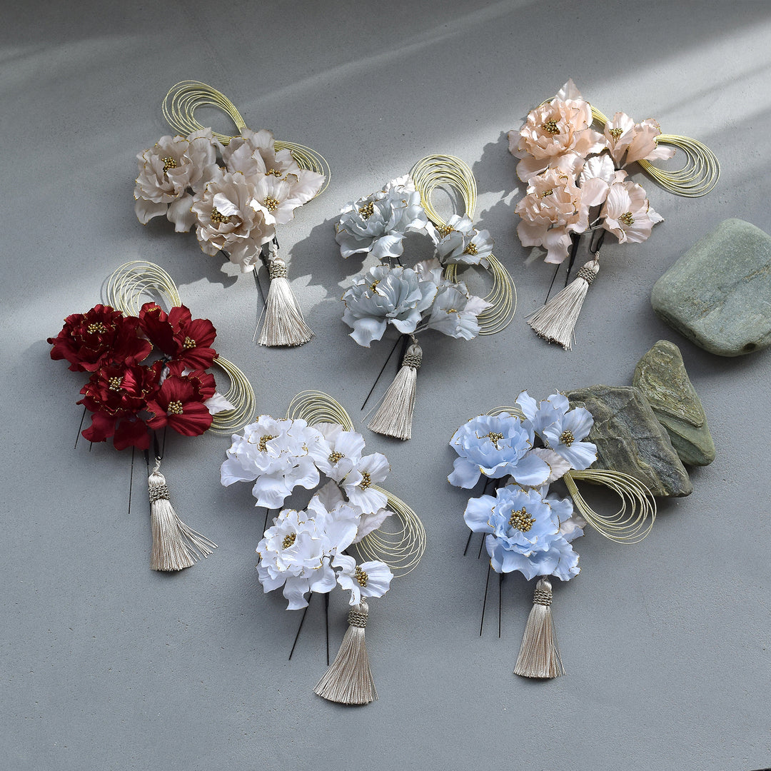 髪飾り 牡丹＆水引＆タッセル Uピン5点セット】花 ヘアアクセ ヘア