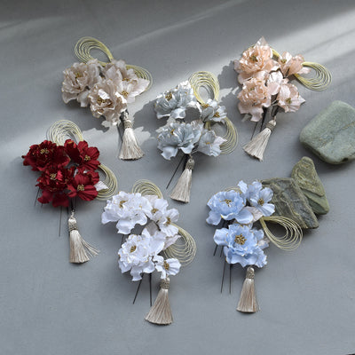 【髪飾り 牡丹＆水引＆タッセル Uピン5点セット】花 ヘアアクセ  ヘアアクセサリー  日本製 成人式振袖や卒業式袴にも（5432637201）【取り寄せ品】
