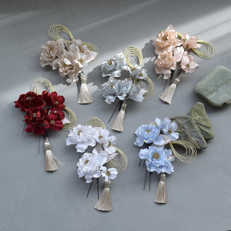 【髪飾り 牡丹＆水引＆タッセル Uピン5点セット】花 ヘアアクセ  ヘアアクセサリー  日本製 成人式振袖や卒業式袴にも（5432637201）【取り寄せ品】