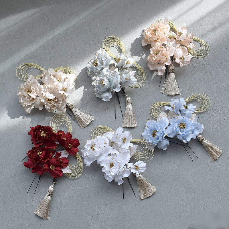 【髪飾り 牡丹＆水引＆タッセル Uピン5点セット】花 ヘアアクセ  ヘアアクセサリー  日本製 成人式振袖や卒業式袴にも（5432637201）【取り寄せ品】