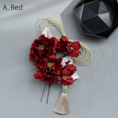 【髪飾り 牡丹＆水引＆タッセル Uピン5点セット】花 ヘアアクセ  ヘアアクセサリー  日本製 成人式振袖や卒業式袴にも（5432637201）【取り寄せ品】