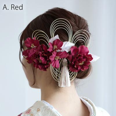 【髪飾り 牡丹＆水引＆タッセル Uピン5点セット】花 ヘアアクセ  ヘアアクセサリー  日本製 成人式振袖や卒業式袴にも（5432637201）【取り寄せ品】