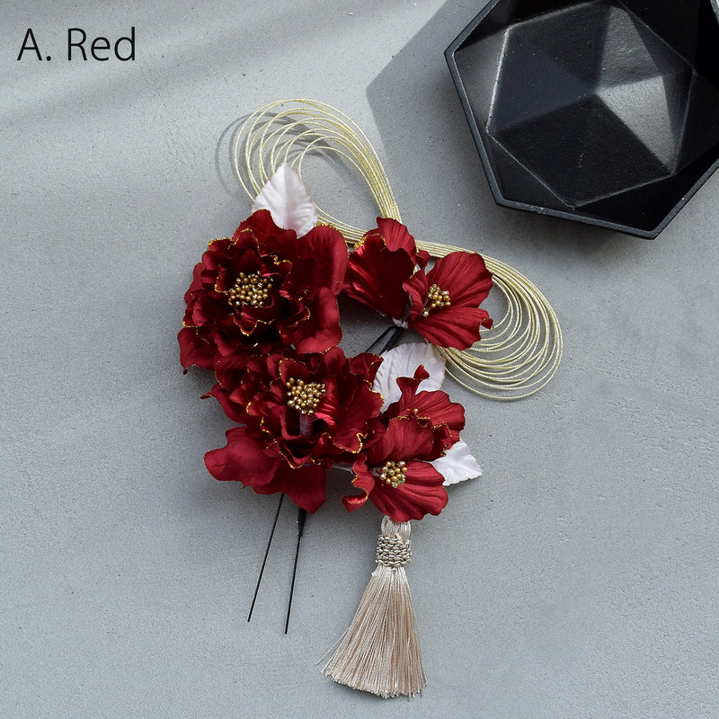 【髪飾り 牡丹＆水引＆タッセル Uピン5点セット】花 ヘアアクセ  ヘアアクセサリー  日本製 成人式振袖や卒業式袴にも（5432637201）【取り寄せ品】