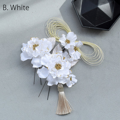 【髪飾り 牡丹＆水引＆タッセル Uピン5点セット】花 ヘアアクセ  ヘアアクセサリー  日本製 成人式振袖や卒業式袴にも（5432637201）【取り寄せ品】