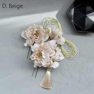 【髪飾り 牡丹＆水引＆タッセル Uピン5点セット】花 ヘアアクセ  ヘアアクセサリー  日本製 成人式振袖や卒業式袴にも（5432637201）【取り寄せ品】