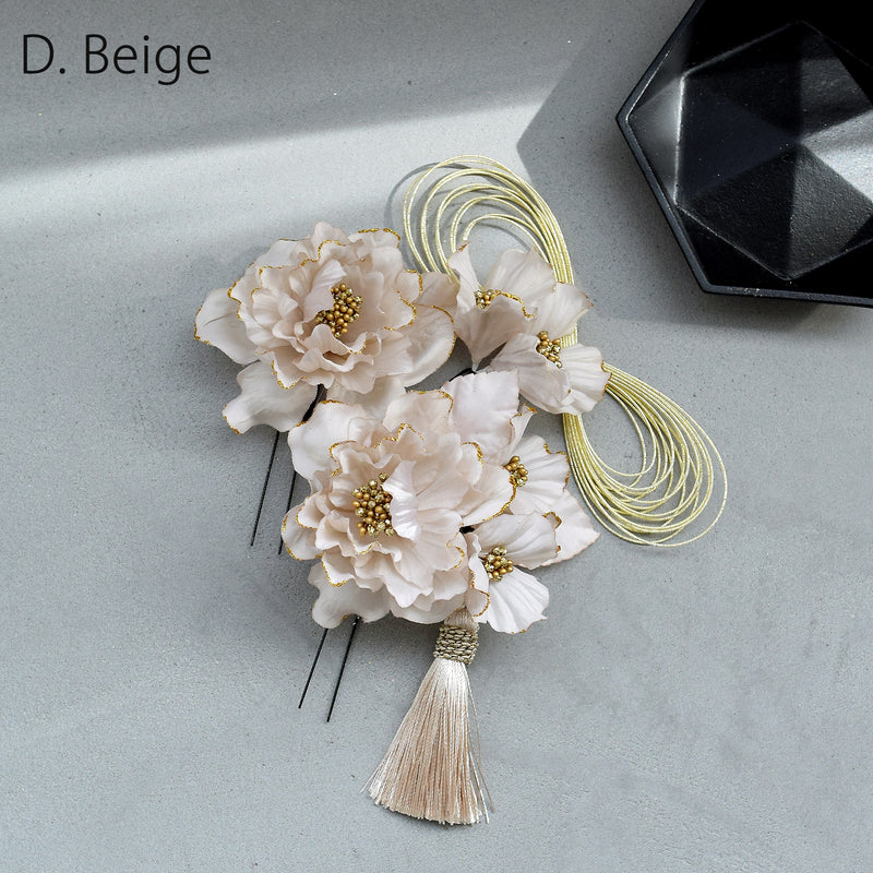【髪飾り 牡丹＆水引＆タッセル Uピン5点セット】花 ヘアアクセ  ヘアアクセサリー  日本製 成人式振袖や卒業式袴にも（5432637201）【取り寄せ品】
