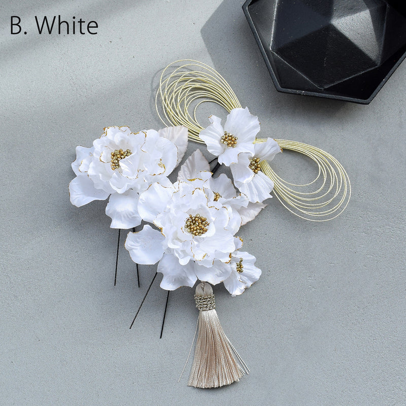 【髪飾り 牡丹＆水引＆タッセル Uピン5点セット】花 ヘアアクセ  ヘアアクセサリー  日本製 成人式振袖や卒業式袴にも（5432637201）【取り寄せ品】