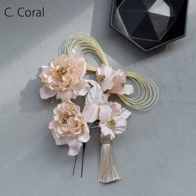 【髪飾り 牡丹＆水引＆タッセル Uピン5点セット】花 ヘアアクセ  ヘアアクセサリー  日本製 成人式振袖や卒業式袴にも（5432637201）【取り寄せ品】