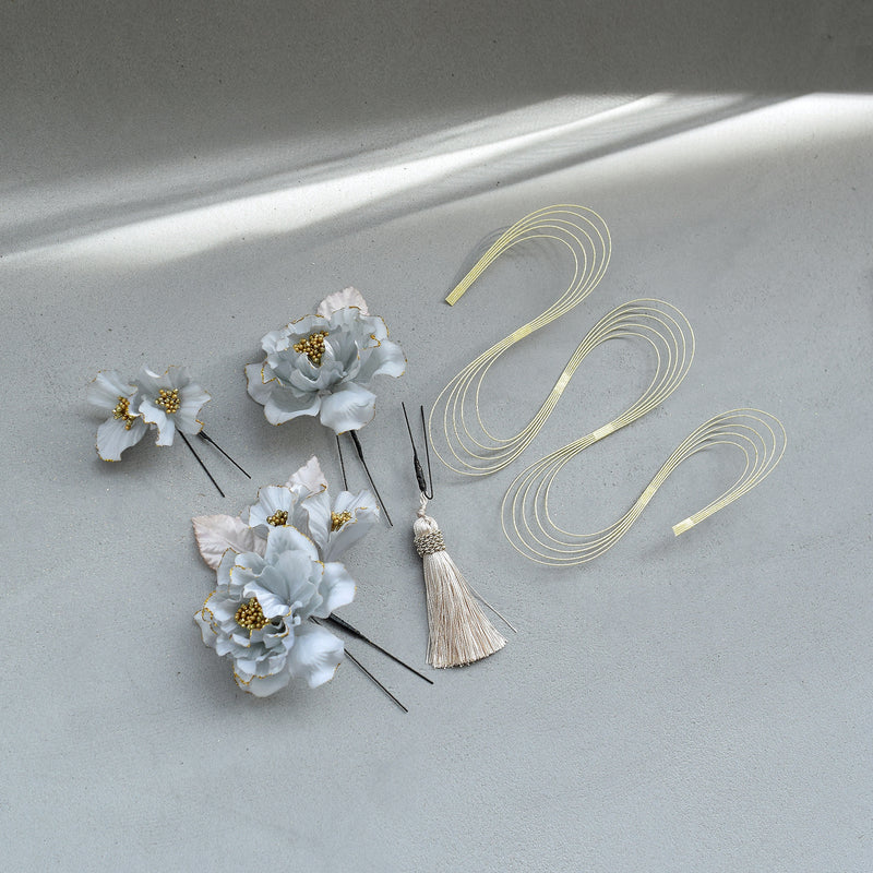 【髪飾り 牡丹＆水引＆タッセル Uピン5点セット】花 ヘアアクセ  ヘアアクセサリー  日本製 成人式振袖や卒業式袴にも（5432637201）【取り寄せ品】