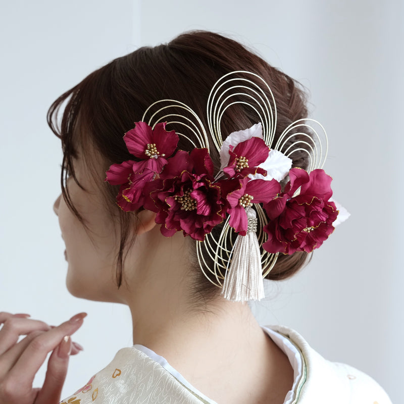 【髪飾り 牡丹＆水引＆タッセル Uピン5点セット】花 ヘアアクセ  ヘアアクセサリー  日本製 成人式振袖や卒業式袴にも（5432637201）【取り寄せ品】