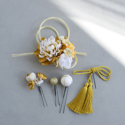 【髪飾り 牡丹・梅・桜＆水引・タッセル コームUピン5点セット】花 水引 玉 タッセル  ヘアアクセサリー  日本製 成人式振袖や卒業式袴にも（5432637801）【取り寄せ品】