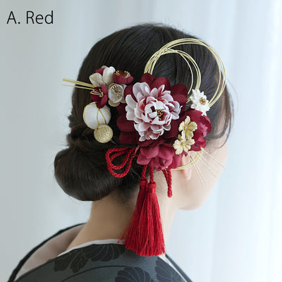 【髪飾り 牡丹・梅・桜＆水引・タッセル コームUピン5点セット】花 水引 玉 タッセル  ヘアアクセサリー  日本製 成人式振袖や卒業式袴にも（5432637801）【取り寄せ品】