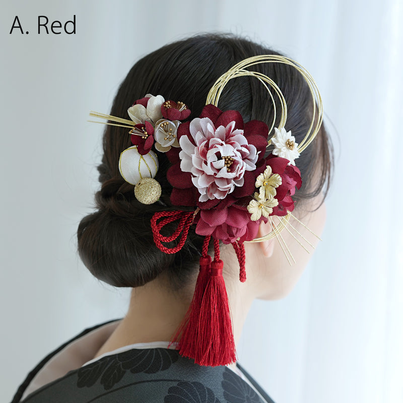 【髪飾り 牡丹・梅・桜＆水引・タッセル コームUピン5点セット】花 水引 玉 タッセル  ヘアアクセサリー  日本製 成人式振袖や卒業式袴にも（5432637801）【取り寄せ品】