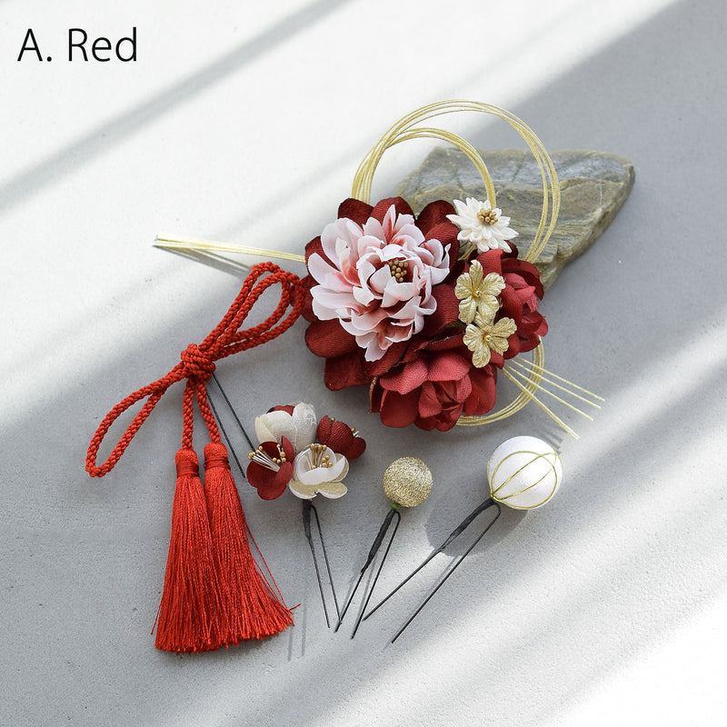 【髪飾り 牡丹・梅・桜＆水引・タッセル コームUピン5点セット】花 水引 玉 タッセル  ヘアアクセサリー  日本製 成人式振袖や卒業式袴にも（5432637801）【取り寄せ品】