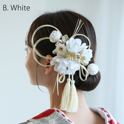 【髪飾り 牡丹・梅・桜＆水引・タッセル コームUピン5点セット】花 水引 玉 タッセル  ヘアアクセサリー  日本製 成人式振袖や卒業式袴にも（5432637801）【取り寄せ品】