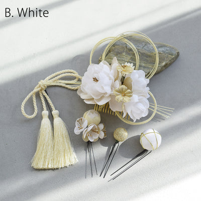 【髪飾り 牡丹・梅・桜＆水引・タッセル コームUピン5点セット】花 水引 玉 タッセル  ヘアアクセサリー  日本製 成人式振袖や卒業式袴にも（5432637801）【取り寄せ品】