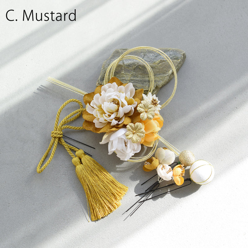 【髪飾り 牡丹・梅・桜＆水引・タッセル コームUピン5点セット】花 水引 玉 タッセル  ヘアアクセサリー  日本製 成人式振袖や卒業式袴にも（5432637801）【取り寄せ品】