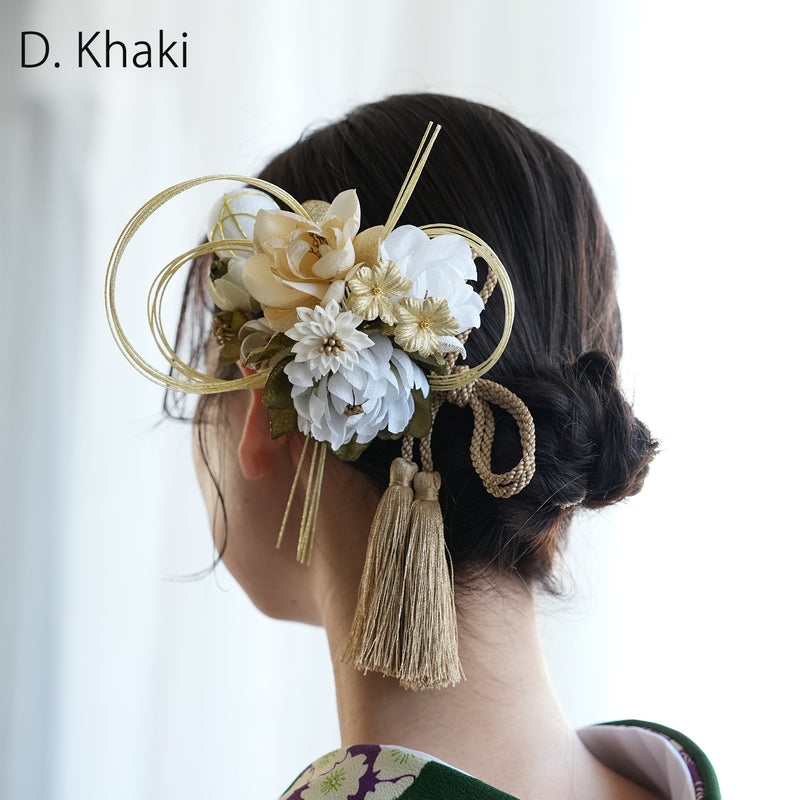 【髪飾り 牡丹・梅・桜＆水引・タッセル コームUピン5点セット】花 水引 玉 タッセル  ヘアアクセサリー  日本製 成人式振袖や卒業式袴にも（5432637801）【取り寄せ品】