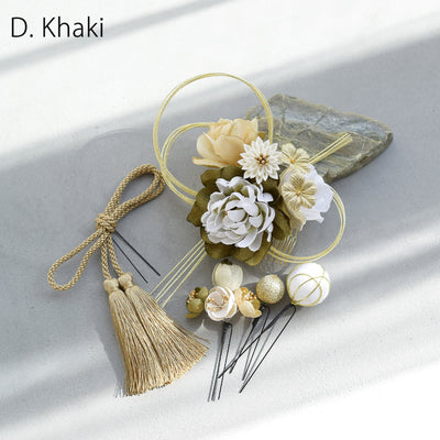 【髪飾り 牡丹・梅・桜＆水引・タッセル コームUピン5点セット】花 水引 玉 タッセル  ヘアアクセサリー  日本製 成人式振袖や卒業式袴にも（5432637801）【取り寄せ品】