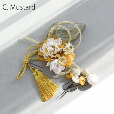 【髪飾り 牡丹・梅・桜＆水引・タッセル コームUピン5点セット】花 水引 玉 タッセル  ヘアアクセサリー  日本製 成人式振袖や卒業式袴にも（5432637801）【取り寄せ品】