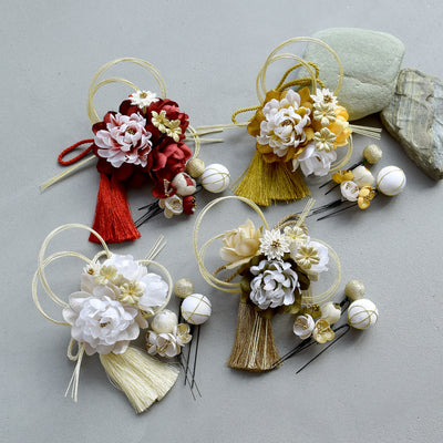 【髪飾り 牡丹・梅・桜＆水引・タッセル コームUピン5点セット】花 水引 玉 タッセル  ヘアアクセサリー  日本製 成人式振袖や卒業式袴にも（5432637801）【取り寄せ品】