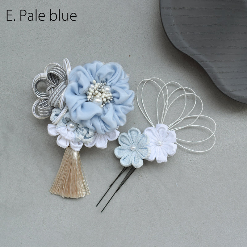 【髪飾り 絞り花＆水引＆タッセル コームUピン3点セット】つまみ細工 花  ヘアアクセサリー  日本製 成人式振袖や卒業式袴にも（5432638201）【取り寄せ品】