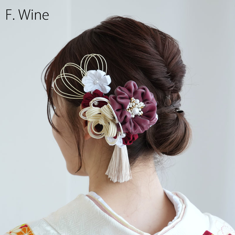 【髪飾り 絞り花＆水引＆タッセル コームUピン3点セット】つまみ細工 花  ヘアアクセサリー  日本製 成人式振袖や卒業式袴にも（5432638201）【取り寄せ品】