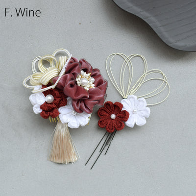 【髪飾り 絞り花＆水引＆タッセル コームUピン3点セット】つまみ細工 花  ヘアアクセサリー  日本製 成人式振袖や卒業式袴にも（5432638201）【取り寄せ品】