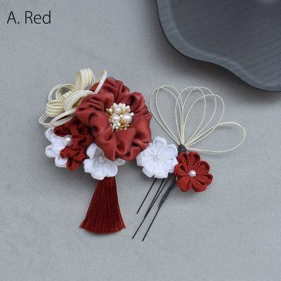 【髪飾り 絞り花＆水引＆タッセル コームUピン3点セット】つまみ細工 花  ヘアアクセサリー  日本製 成人式振袖や卒業式袴にも（5432638201）【取り寄せ品】