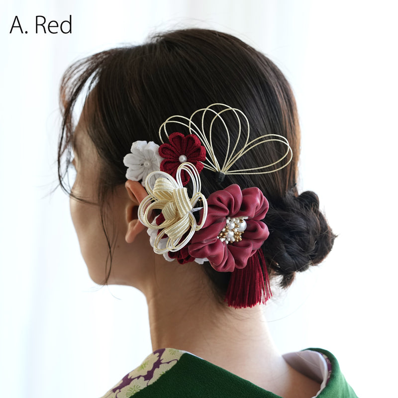 【髪飾り 絞り花＆水引＆タッセル コームUピン3点セット】つまみ細工 花  ヘアアクセサリー  日本製 成人式振袖や卒業式袴にも（5432638201）【取り寄せ品】