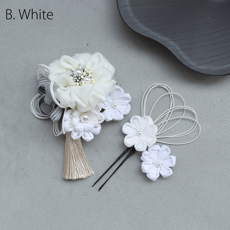 【髪飾り 絞り花＆水引＆タッセル コームUピン3点セット】つまみ細工 花  ヘアアクセサリー  日本製 成人式振袖や卒業式袴にも（5432638201）【取り寄せ品】