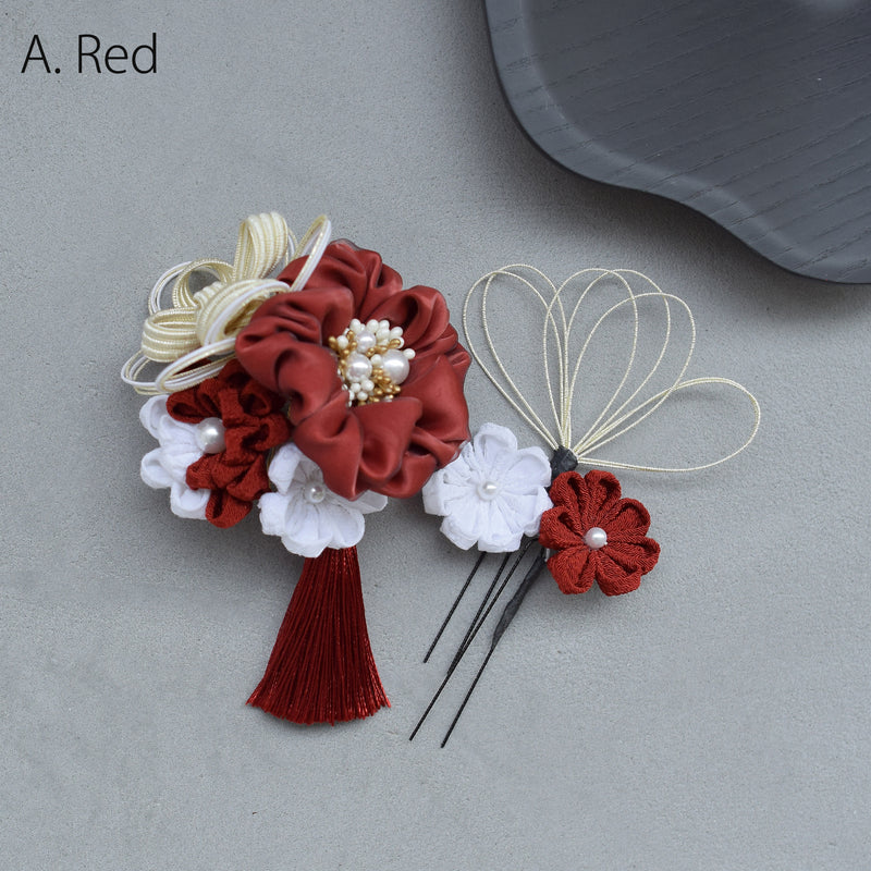 【髪飾り 絞り花＆水引＆タッセル コームUピン3点セット】つまみ細工 花  ヘアアクセサリー  日本製 成人式振袖や卒業式袴にも（5432638201）【取り寄せ品】