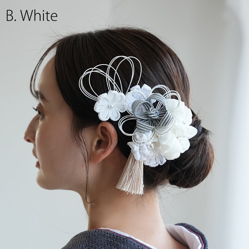 【髪飾り 絞り花＆水引＆タッセル コームUピン3点セット】つまみ細工 花  ヘアアクセサリー  日本製 成人式振袖や卒業式袴にも（5432638201）【取り寄せ品】