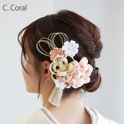 【髪飾り 絞り花＆水引＆タッセル コームUピン3点セット】つまみ細工 花  ヘアアクセサリー  日本製 成人式振袖や卒業式袴にも（5432638201）【取り寄せ品】