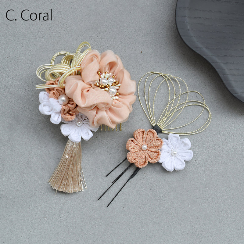 【髪飾り 絞り花＆水引＆タッセル コームUピン3点セット】つまみ細工 花  ヘアアクセサリー  日本製 成人式振袖や卒業式袴にも（5432638201）【取り寄せ品】
