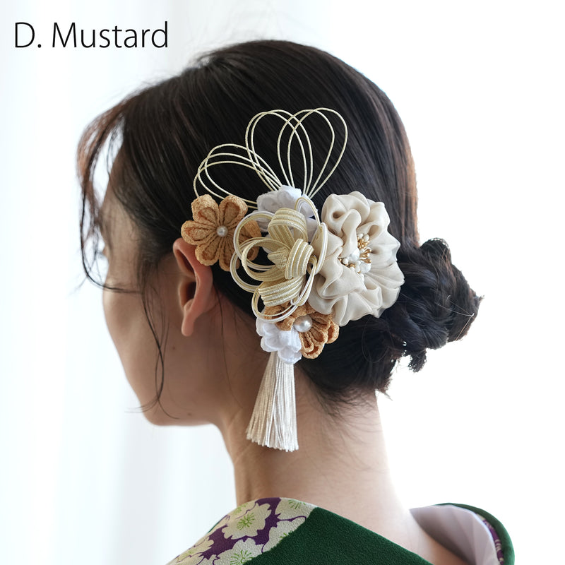 【髪飾り 絞り花＆水引＆タッセル コームUピン3点セット】つまみ細工 花  ヘアアクセサリー  日本製 成人式振袖や卒業式袴にも（5432638201）【取り寄せ品】