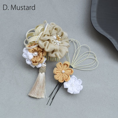 【髪飾り 絞り花＆水引＆タッセル コームUピン3点セット】つまみ細工 花  ヘアアクセサリー  日本製 成人式振袖や卒業式袴にも（5432638201）【取り寄せ品】