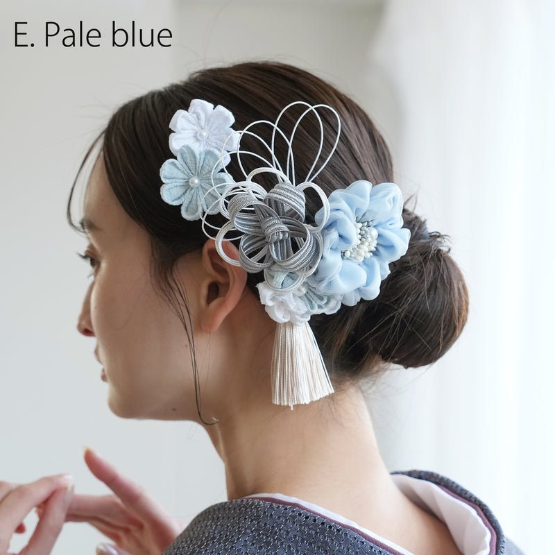 【髪飾り 絞り花＆水引＆タッセル コームUピン3点セット】つまみ細工 花  ヘアアクセサリー  日本製 成人式振袖や卒業式袴にも（5432638201）【取り寄せ品】