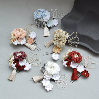 【髪飾り 絞り花＆水引＆タッセル コームUピン3点セット】つまみ細工 花  ヘアアクセサリー  日本製 成人式振袖や卒業式袴にも（5432638201）【取り寄せ品】