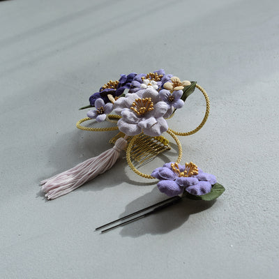 【髪飾り 大正レトロ梅＆タッセル コームUピン2点セット】 ヘアアクセサリー  日本製 成人式振袖や卒業式袴にも（5432638801）【取り寄せ品】
