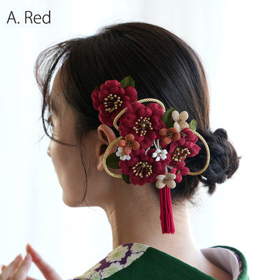 【髪飾り 大正レトロ梅＆タッセル コームUピン2点セット】 ヘアアクセサリー  日本製 成人式振袖や卒業式袴にも（5432638801）【取り寄せ品】