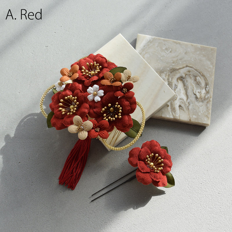 【髪飾り 大正レトロ梅＆タッセル コームUピン2点セット】 ヘアアクセサリー  日本製 成人式振袖や卒業式袴にも（5432638801）【取り寄せ品】