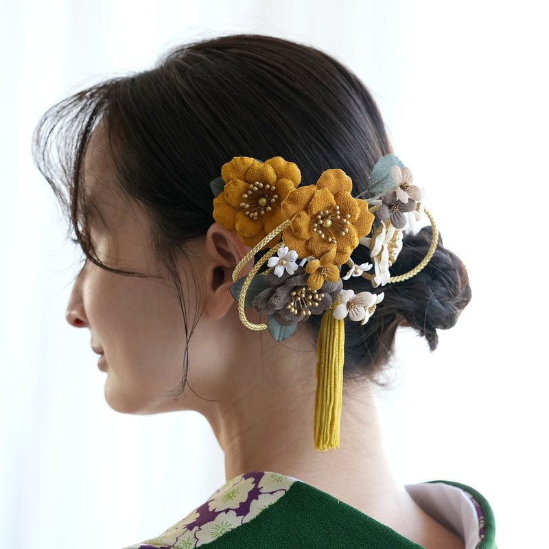 【髪飾り 大正レトロ梅＆タッセル コームUピン2点セット】 ヘアアクセサリー  日本製 成人式振袖や卒業式袴にも（5432638801）【取り寄せ品】