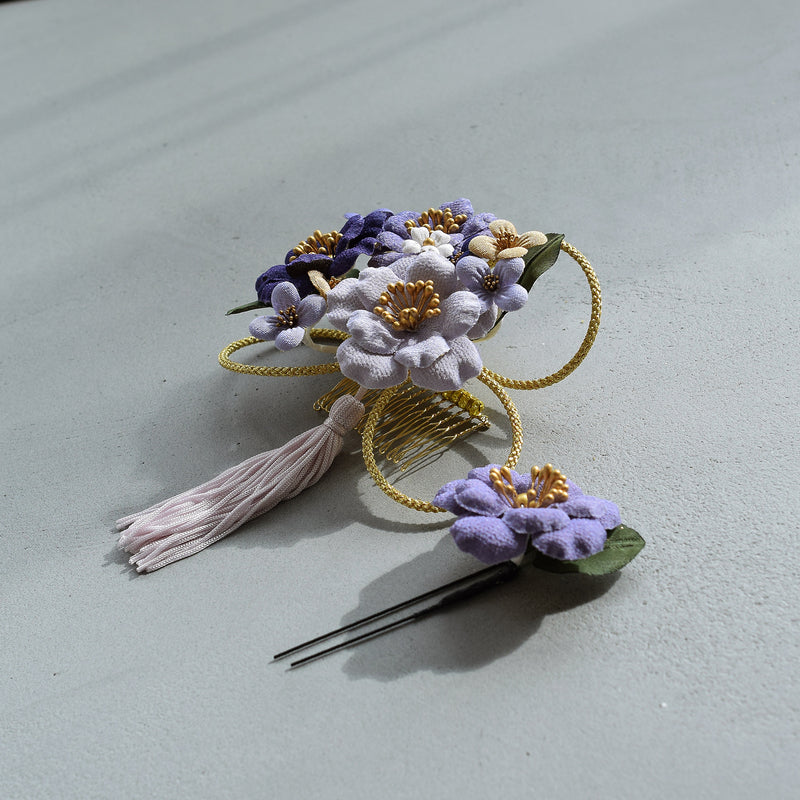 【髪飾り 大正レトロ梅＆タッセル コームUピン2点セット】 ヘアアクセサリー  日本製 成人式振袖や卒業式袴にも（5432638801）【取り寄せ品】