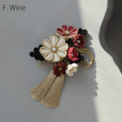 【髪飾り 梅日和 つまみ細工＆タッセル コームUピン3点セット】花 ちりめん つまみ細工 ヘアアクセ  ヘアアクセサリー  日本製 成人式振袖や卒業式袴にも（5432639201）【取り寄せ品】