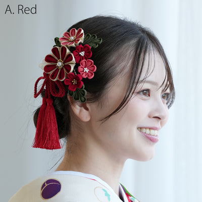 【髪飾り 梅日和 つまみ細工＆タッセル コームUピン3点セット】花 ちりめん つまみ細工 ヘアアクセ  ヘアアクセサリー  日本製 成人式振袖や卒業式袴にも（5432639201）【取り寄せ品】