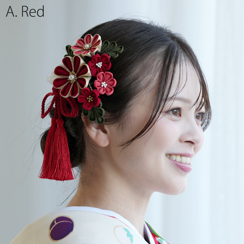 【髪飾り 梅日和 つまみ細工＆タッセル コームUピン3点セット】花 ちりめん つまみ細工 ヘアアクセ  ヘアアクセサリー  日本製 成人式振袖や卒業式袴にも（5432639201）【取り寄せ品】