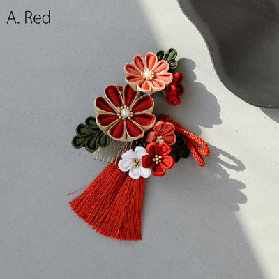 【髪飾り 梅日和 つまみ細工＆タッセル コームUピン3点セット】花 ちりめん つまみ細工 ヘアアクセ  ヘアアクセサリー  日本製 成人式振袖や卒業式袴にも（5432639201）【取り寄せ品】