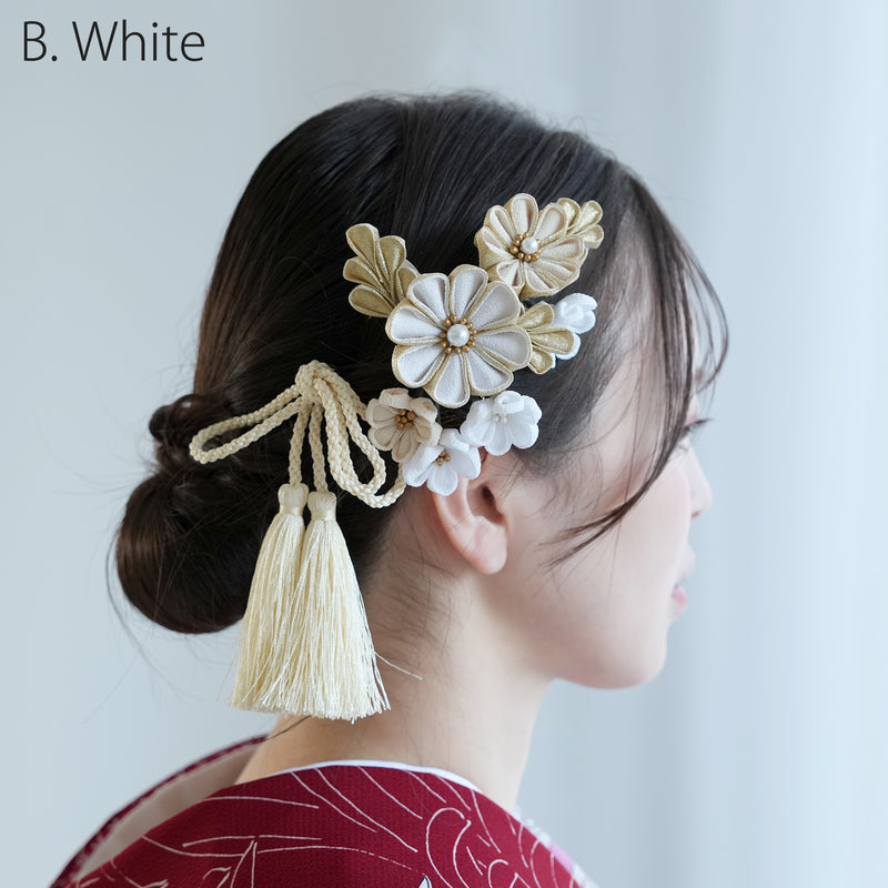 【髪飾り 梅日和 つまみ細工＆タッセル コームUピン3点セット】花 ちりめん つまみ細工 ヘアアクセ  ヘアアクセサリー  日本製 成人式振袖や卒業式袴にも（5432639201）【取り寄せ品】